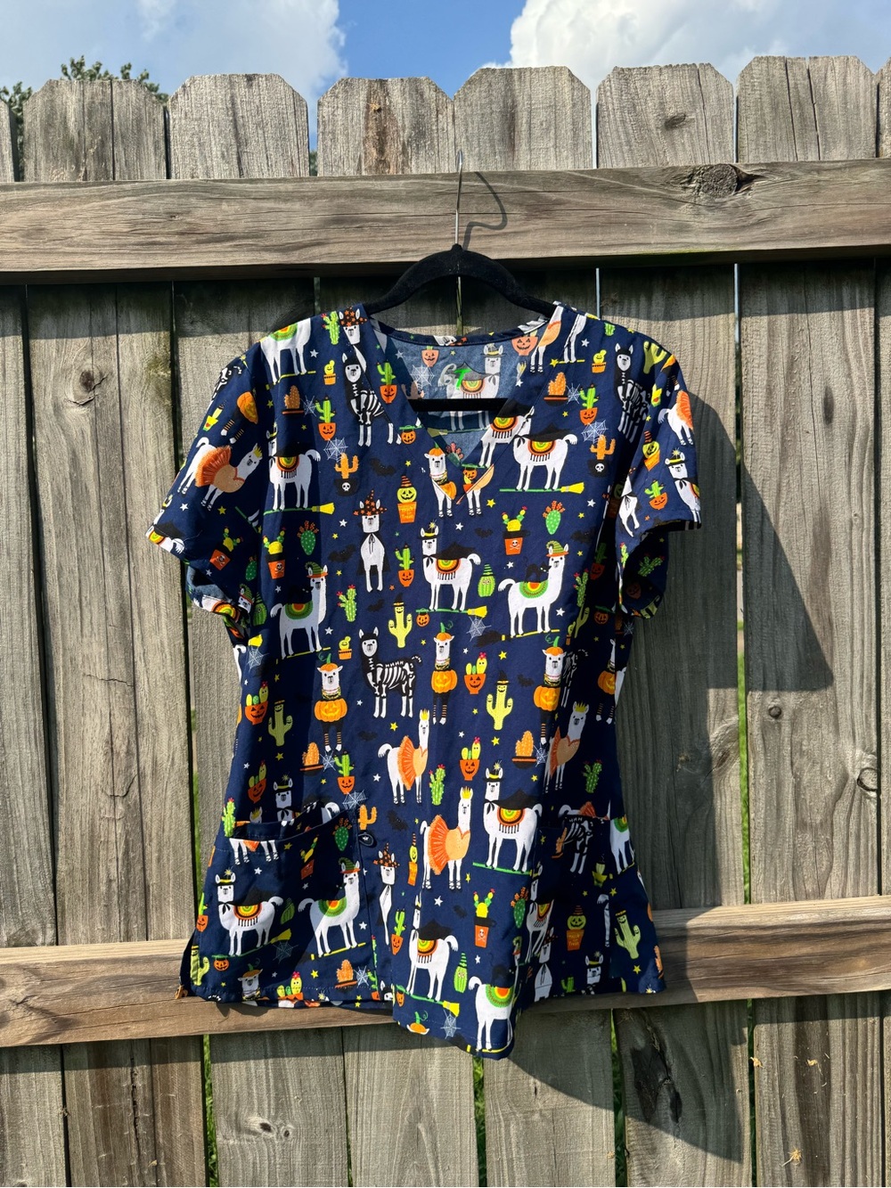 Navy Llama Print Short Sleeve Tee - Novelty Scrub Top